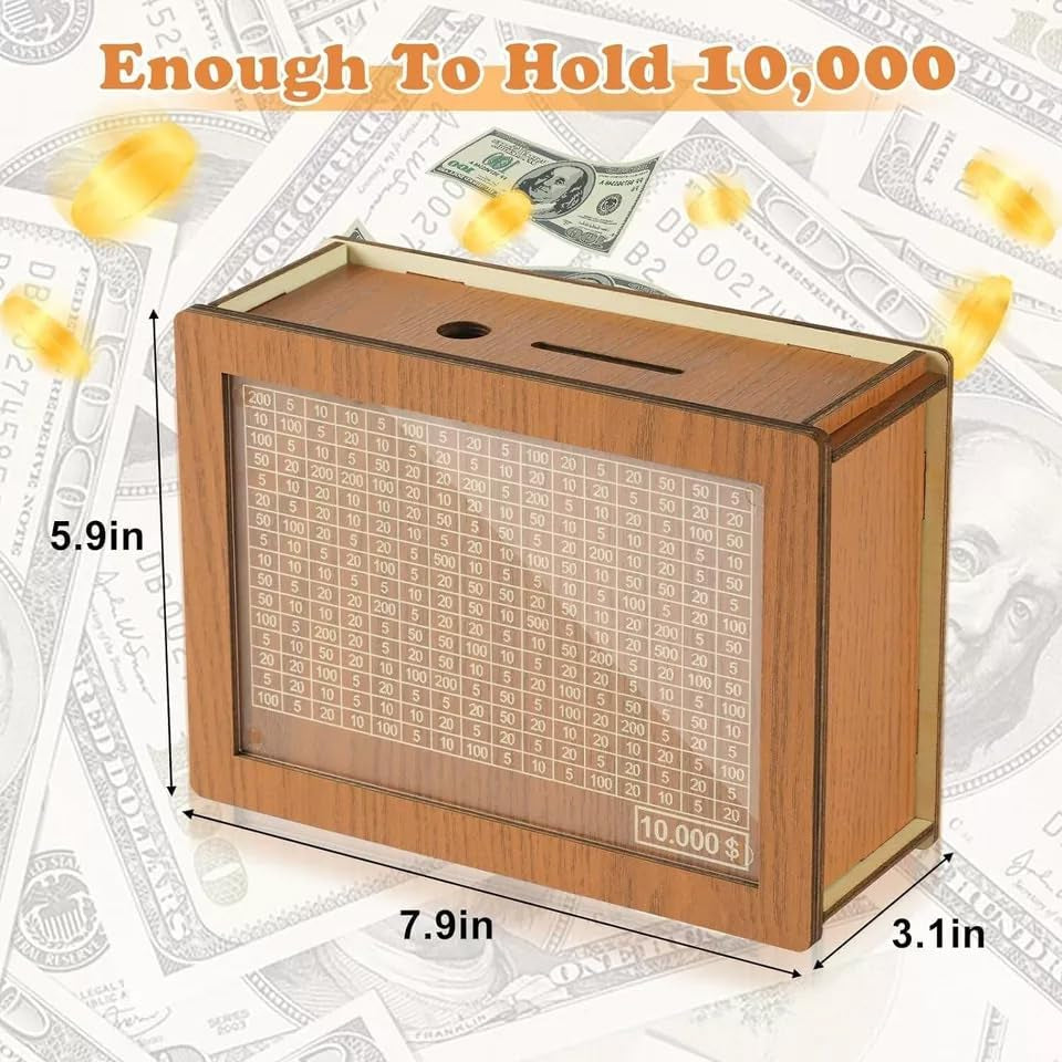 Cash Vault Wooden Savings Challenge Box with Counting Target, Reusable Dollar Cash Target Saver with Pen, Retro Coin Bank, Countdown Money save Box, Piggy Bank Gifts for Boys and Girls (10000$)
