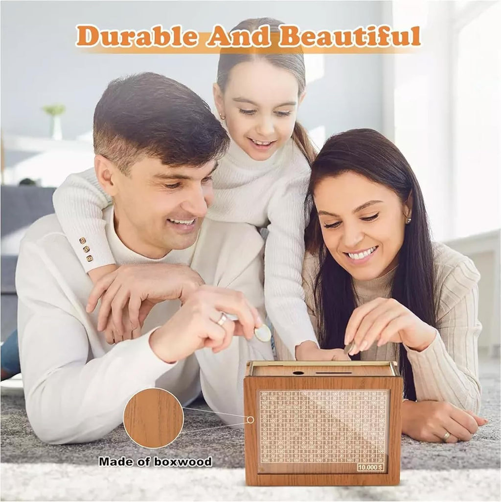 Cash Vault Wooden Savings Challenge Box with Counting Target, Reusable Dollar Cash Target Saver with Pen, Retro Coin Bank, Countdown Money save Box, Piggy Bank Gifts for Boys and Girls (10000$)