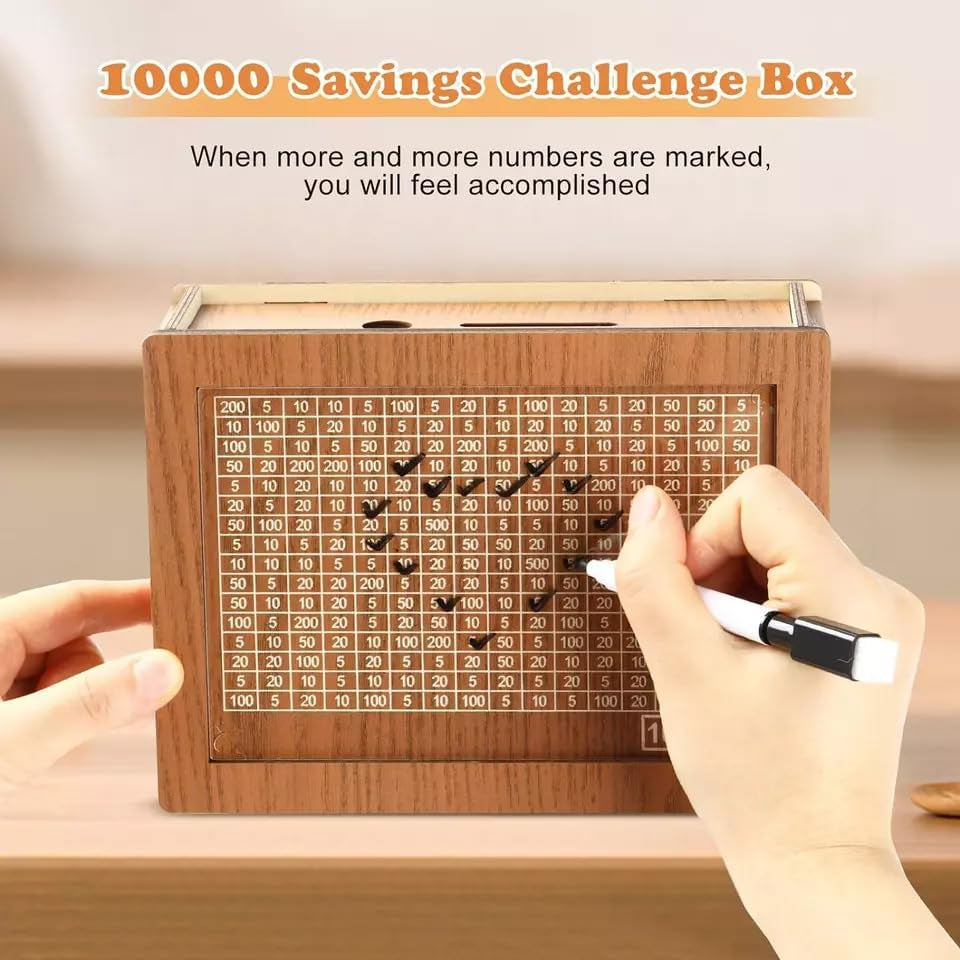 Cash Vault Wooden Savings Challenge Box with Counting Target, Reusable Dollar Cash Target Saver with Pen, Retro Coin Bank, Countdown Money save Box, Piggy Bank Gifts for Boys and Girls (10000$)